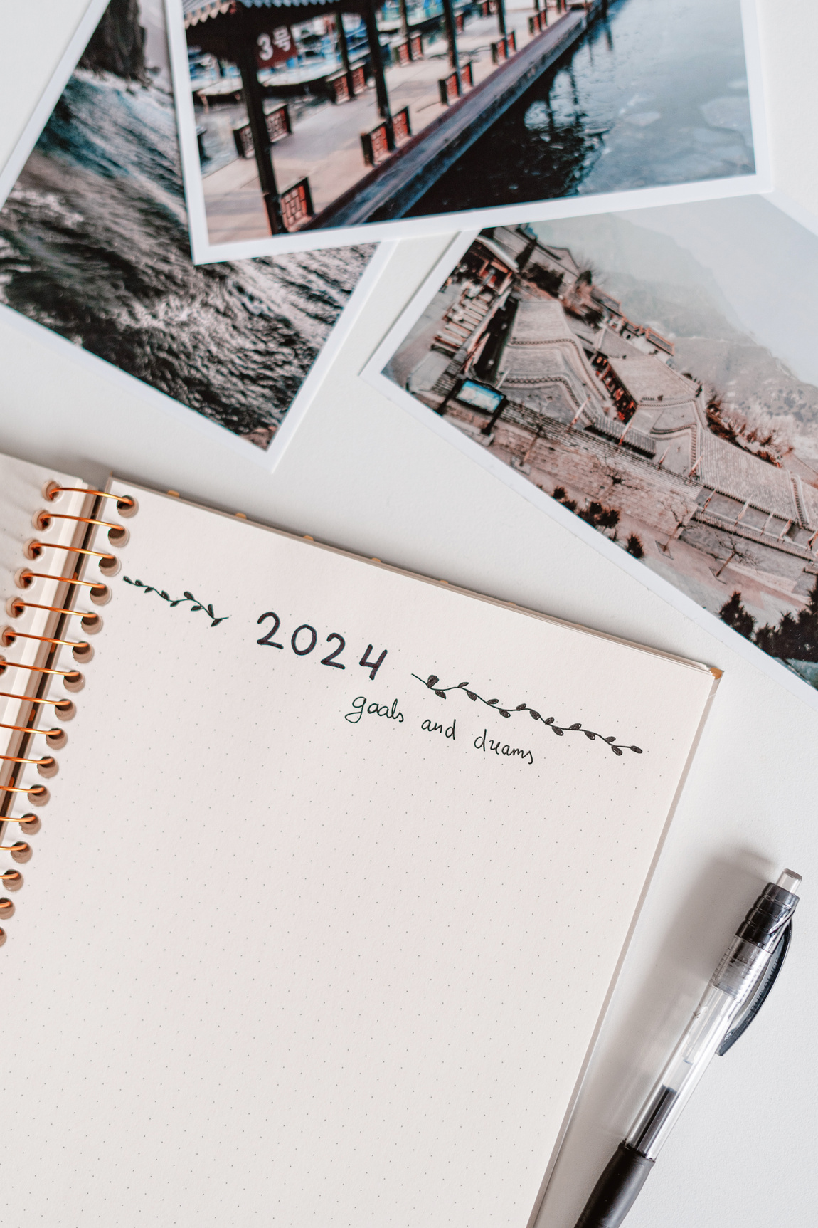 Journal or notebook with 2024 goals, flat lay, journaling